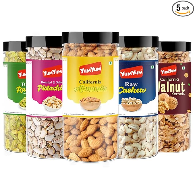 YUM YUM Dry fruits combo pack of 5 Healthy Badam, Kaju, Pista, Kishmish, Akhrot 1.25 KG- Almonds, Cashews, Pistachios, Raisins, Walnuts
